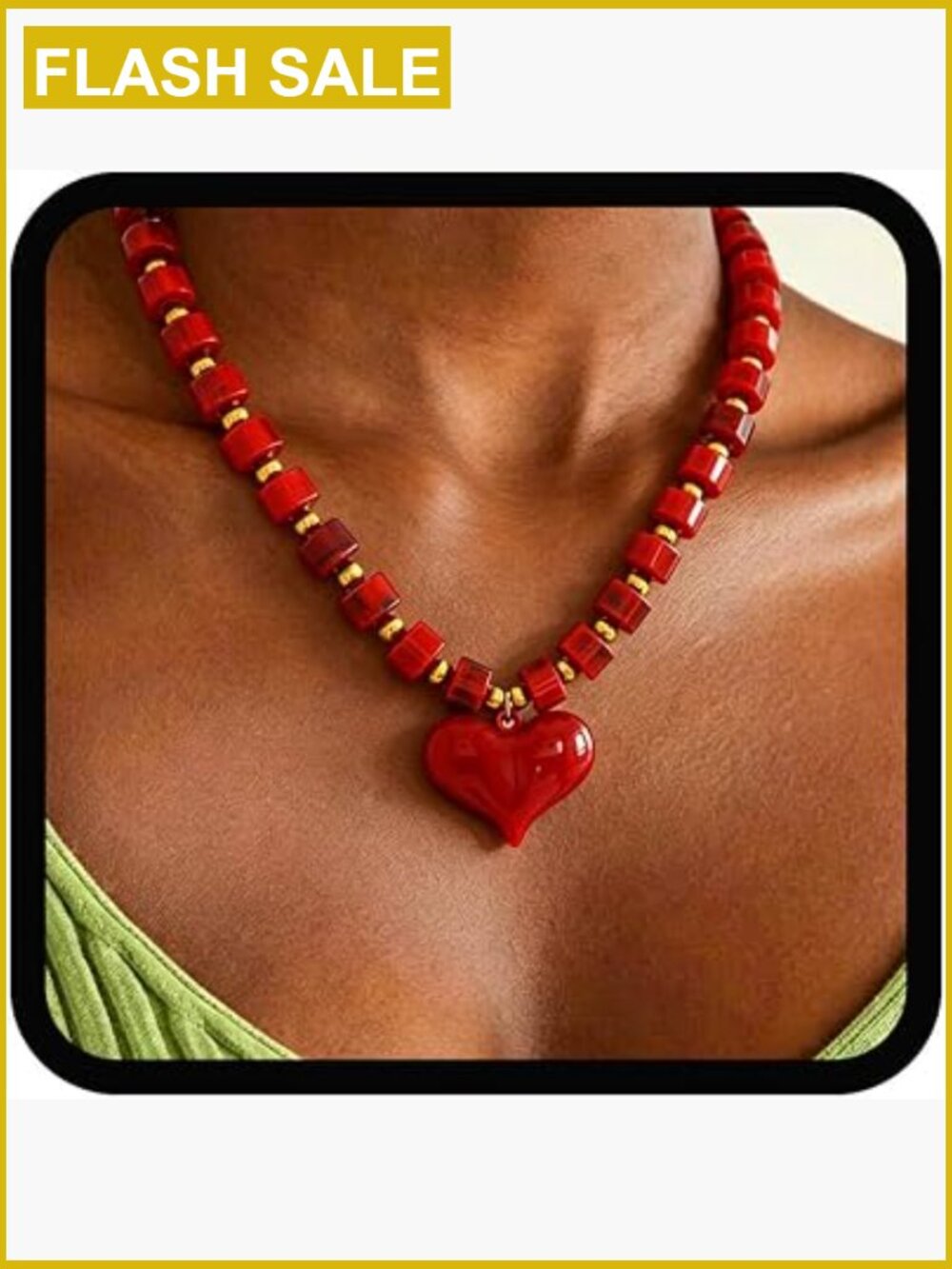 Chunky Statement Beaded Necklace Puffy Heart Pendant Choker Boho Jewelry